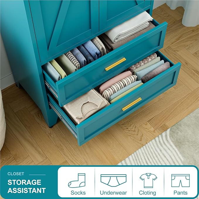 Metal Wardrobe Cabinet, 71" Tall Armoire Wardrobe Closet with 2 Drawers, Hanging Rod and Adjustable Shelf, Farmhouse Clothing Storage Cabinet for Bedroom, Laundry