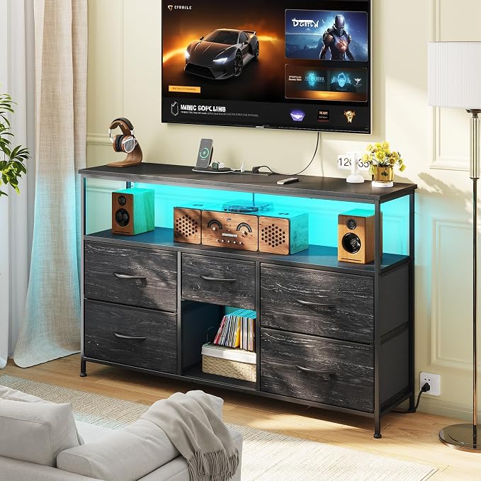 Romorgniz Dresser TV Stand for 50" TV with Power Outlets & LED Light, Entertainment Center with Storage 5 Fabric Drawers Dressers TV Stand for Bedroom, Living Room, Grain Black - Image 2