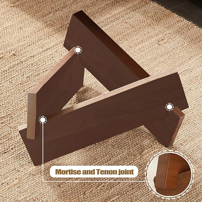 Triangle Glass Coffee Table Brown Rustic Glass Top Coffee Table Retro Modern Living Room Center Table with Solid Wood Legs, 35.5'' x 27.5'' x 15.7'' Cute & Vintage Tea Table for Small Spaces