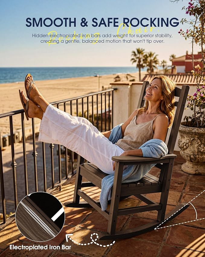 KINGYES Oversized HDPE Outdoor Rocking Chair Set of 4, All-Weather Poly Patio Rocking Chairs with 330lbs Support for Adults, Coffee Brown - Image 9