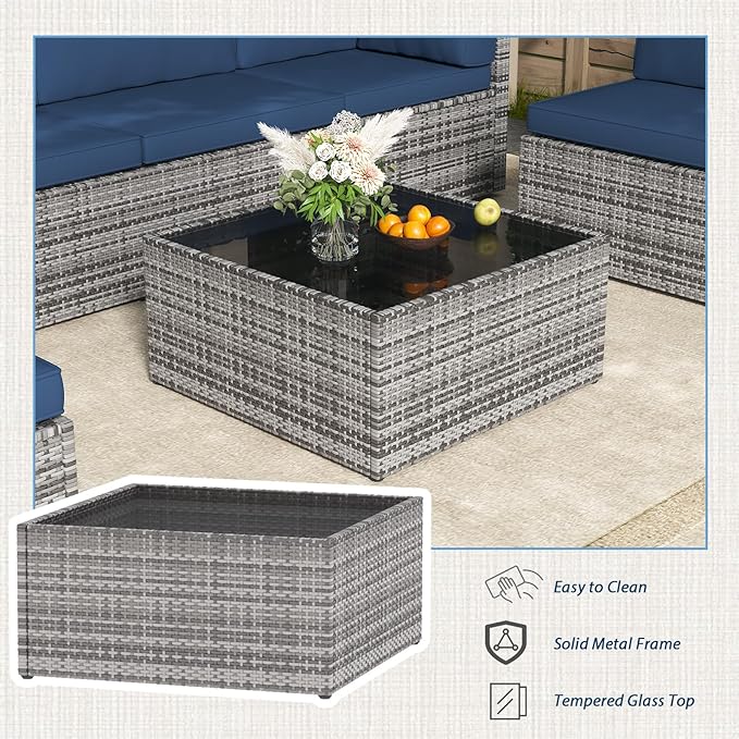AECOJOY 7 Piece Outdoor Patio Furniture Set, Outdoor Sectional Conversation Furniture Chair with Coffee Table, Patio Sectional for Backyard, Garden(Navy Cushions and Grey PE Rattan)