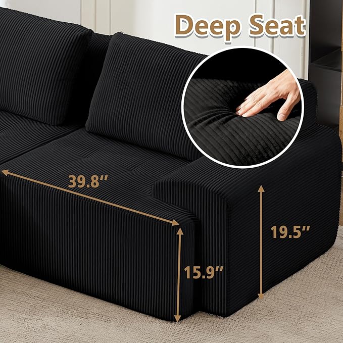 KIGOTY Modular Sectional Sofa, 3 PCS Comfy Cloud Sectional Couch with Deep Seat, L-Shaped Corner Sofas with Ottoman, Modern Boneless Couch for Living Room, No Assembly Required,Black