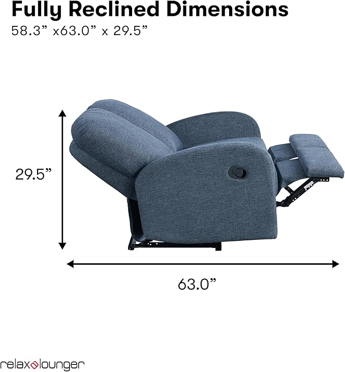 Relax-A-Lounger® Palmdale 58.3" Rocker Manual Pull-Handle Loveseat Recliner, Soft Modern, Pocket Coil Comfort, Black Metal Base Leg, Soft Chenille Fabric, Blue