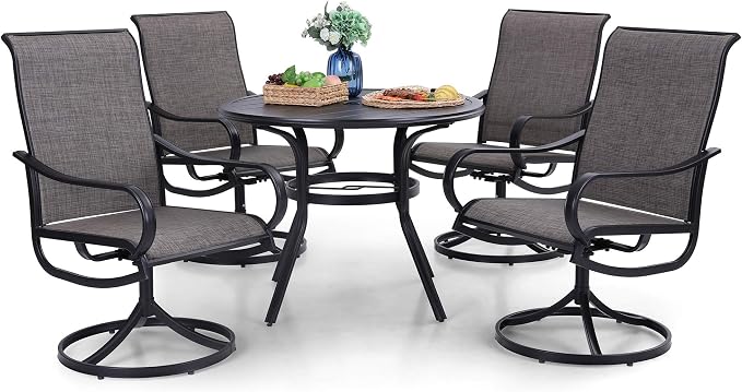 PHI VILLA 5 Piece Patio Dining Set, 4 Swivel Patio Chairs and 1 Round Metal Table with 1.57" Umbrella Hole, All Weather Resistant for Lawn Garden by PHIVILLA