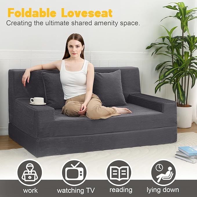 MeMoreCool Folding Futon Couch Queen – Boneless Corduroy Sofa Bed, Convertible Foam Floor Lounger with Pillow & Washable Cover, Foldable Sleeper for Living Room, Bedroom, Guest Space