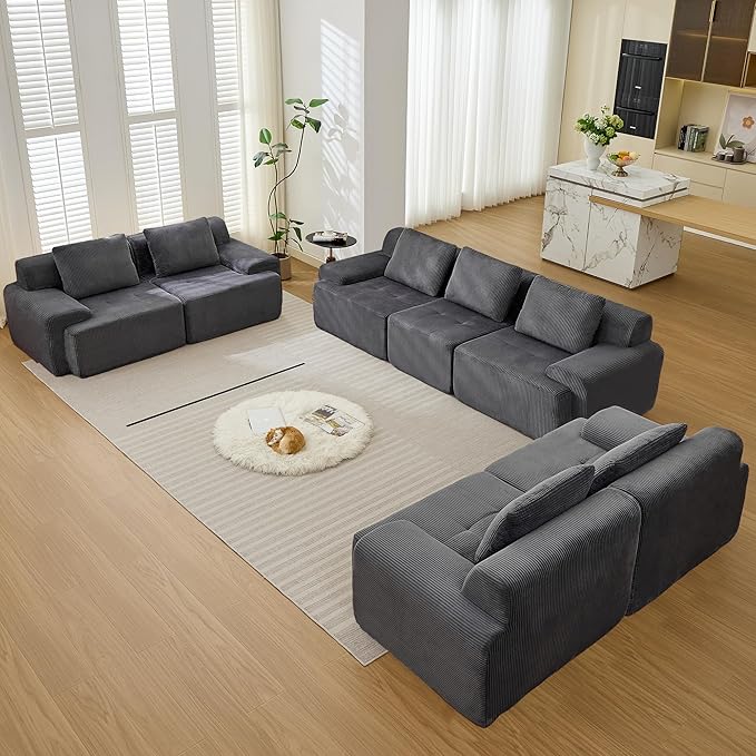 Modular Sectional Sofa, Boneless Couches for Living Room, Corduroy Couch, Big Comfy Couch, Modular Cloud Sofa with Deep Seat (Grey, 7 Pieces-Rowshape 3 Side)