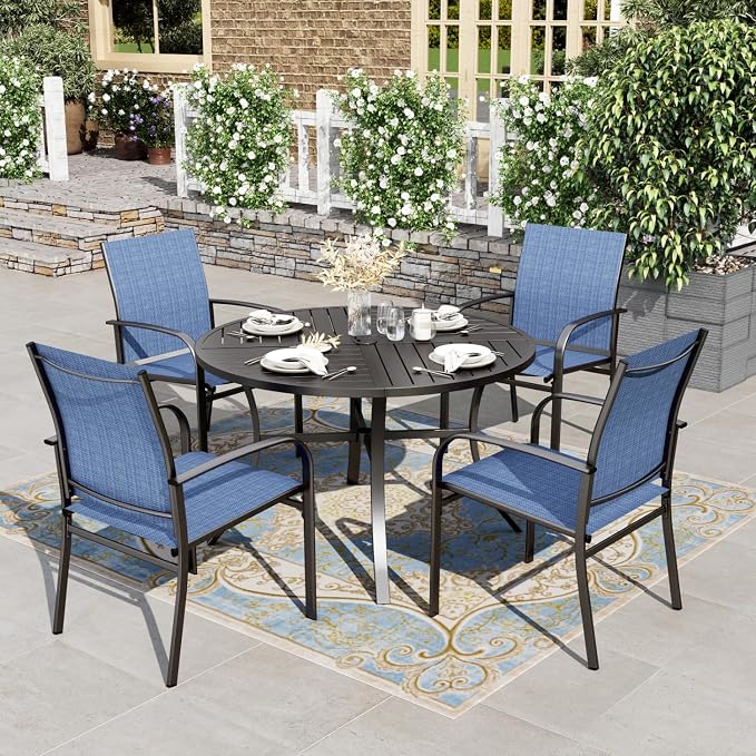 HERA'S HOUSE 5 Pieces Patio Table and Chairs Set, Outdoor Dining Furniture for 4, 42" Black Metal Round Dining Table with Umbrella Hole, 4 x Blue Textilene Chairs for Lawn Garden Backyard Deck by HERASHOUSE