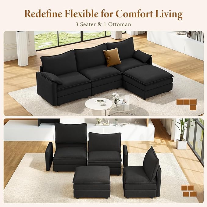 Vesgantti 108" Modular Sectional Sofa, Comfy Cloud Couch with Flexible Ottoman Deep Seat Chenille L Shaped Modular Sofa, Sectional Couches for Living Room, Bedroom and Apartment, Black