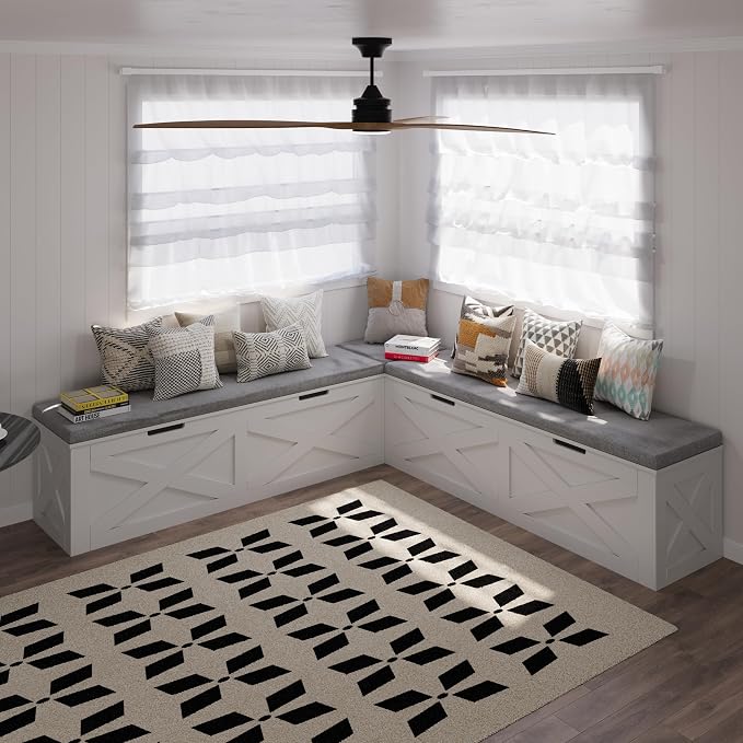Bobve L-Shape Storage Bench with Cushion, Backless Corner Dining Bench, Kitchen Dining Nook Bench with Hidden Storage for Dining Room, Kitchen, Entryway (White+Grey) by Bobve