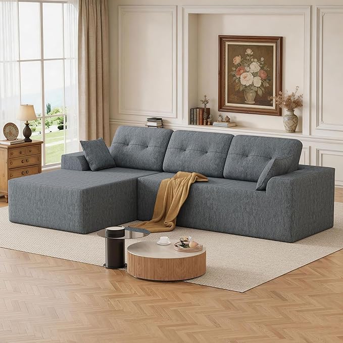 Ball & Cast 106''L Shaped Modern Sofa Modular Sectional Cloud Couch with Pillow,3-4 Seater Convertible Boneless Comfy Chenille Sofa Couches for Living Room, Bedroom and Apartment,Left Facing(Grey)