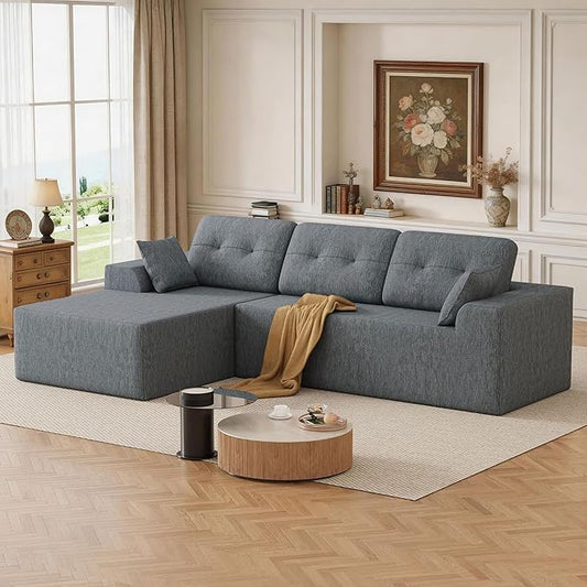 Ball & Cast 106''L Shaped Modern Sofa Modular Sectional Cloud Couch with Pillow,3-4 Seater Convertible Boneless Comfy Chenille Sofa Couches for Living Room, Bedroom and Apartment,Left Facing(Grey)