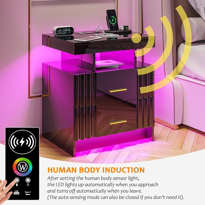 Nightstand with Charging Station, Black LED Night Stand with 2 Drawers, High Gloss Bedside Table with Auto Sensor 24-Color Lights/Wireless/Type-C/USB Charging for Bedroom - Image 5