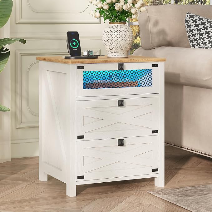 Hasuit Farmhouse Night Stand for Bedroom, Rustic Vintage White Nightstand with Charging Station and LED Lights, Bedside Table with 3 Drawers, Retro Side End Table with Storage - Image 7