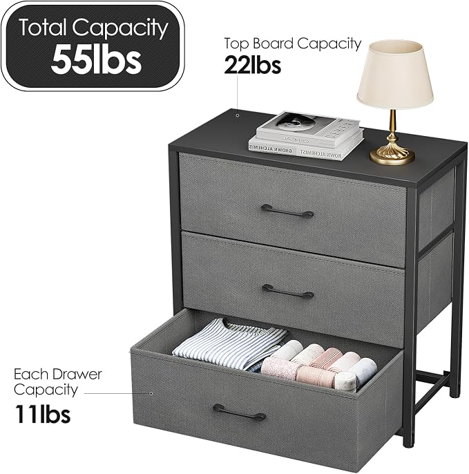 Memobarco Nightstand with 3 Drawers for Bedroom, Storage Dresser with Fabric Drawers and Metal Frame for Closet, Living Room, Bedside Table with Wood Top, Easy Pull Handle, Gray - Image 3
