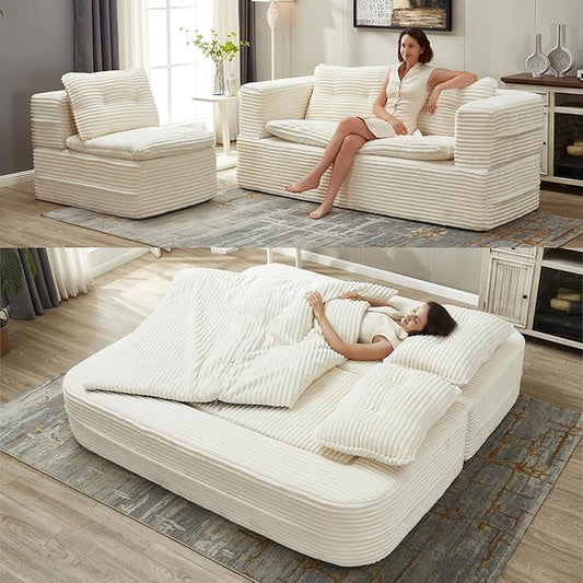 80" Convertible Sectional Sofa Bed, 3-in-1 Folding Floor Couch with Convertible Chaise Lounge, Plush Corduroy Sleeper Sofa for Living Room and Bedroom, No Assembly Required (Beige)