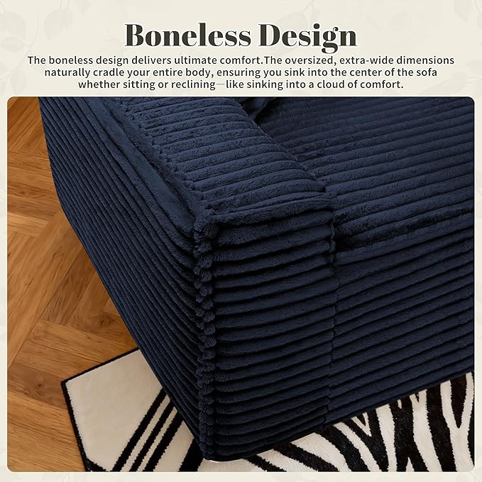 75" Cloud Loveseat Sofa, 26" Deep Seat Boneless Couches for Living Room, Modern 3 Seater Sofa with Throw Pillows, Corduroy Compression Sofa in Box, No Assembly Couch for Bedroom, Dorm, Dark Blue