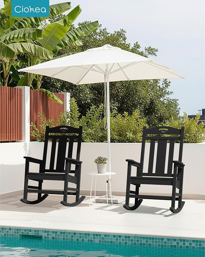 Ciokea Oversized Outdoor Rocking Chairs Set of 3, 380lbs Heavy-Duty Large Patio Rocker, High Back Cozy Porch Chairs, Weather Resistant Patio Rocking Chairs for Outside, Fire Pit, Deck, Black - Image 2