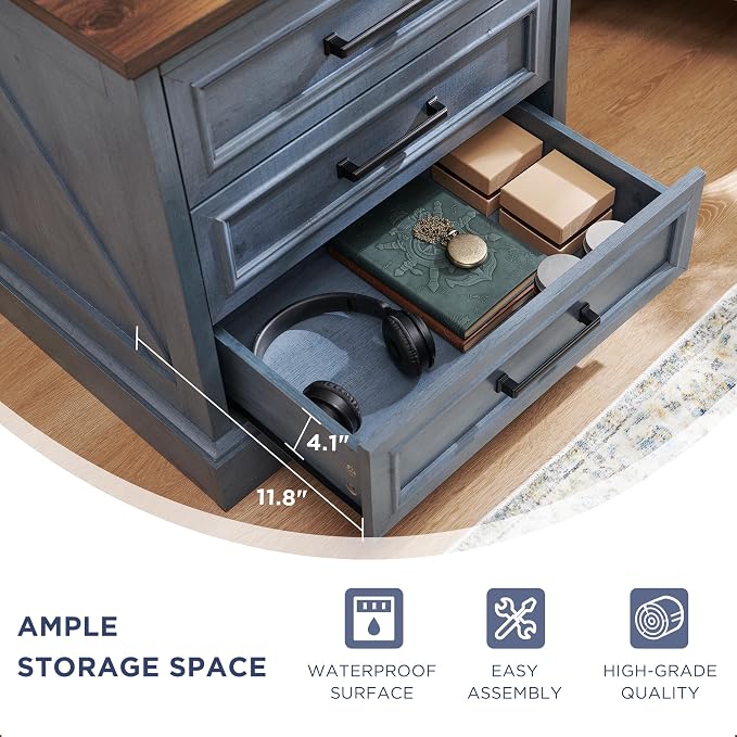 ACCOHOHO Farmhouse Nightstands Set of 2, 22 Inch Wide End Table with Charging Station & 3 Large Drawers, Rustic Wood Small Dresser Chest of Drawers for Bedroom, Living Room, Blue - Image 6