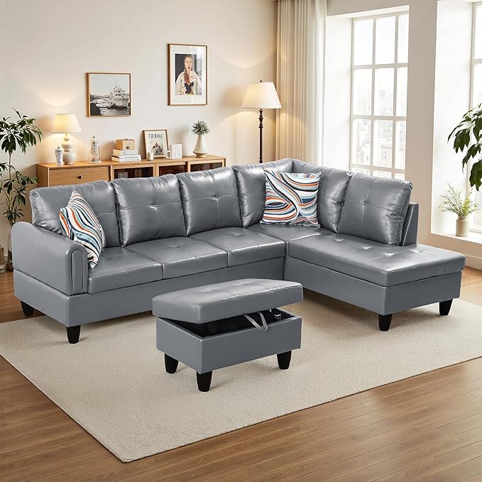 L Shape Sectional Couch, Modern Modular Sofa, 4-Seat L-Shaped Corner Sofá, Convertible Sofa&Couch, Living Room Furniture Sets with Chaise Lounge, Storage Ottoman & 2 Pillows, Faux PU Leather