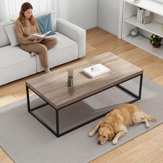 CENSI 47" Industrial Coffee Table, Rustic Grey French Oak Finish, Extra Thick 1.6" Wood Top, Sturdy Metal Frame, Modern Farmhouse Rectangular Cocktail Center Table for Living Room, Easy Assembly