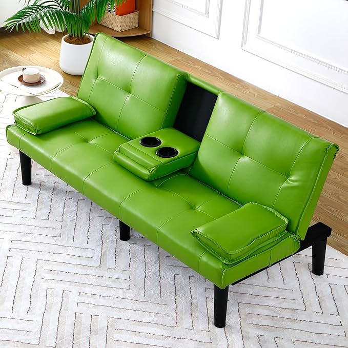 KEIKI 67" Convertible Sofa Bed with Cup Holder, 3 in 1 Futon Sofa Bed, PVC Sleeper Sofa Chair for Living Room, Office, Green