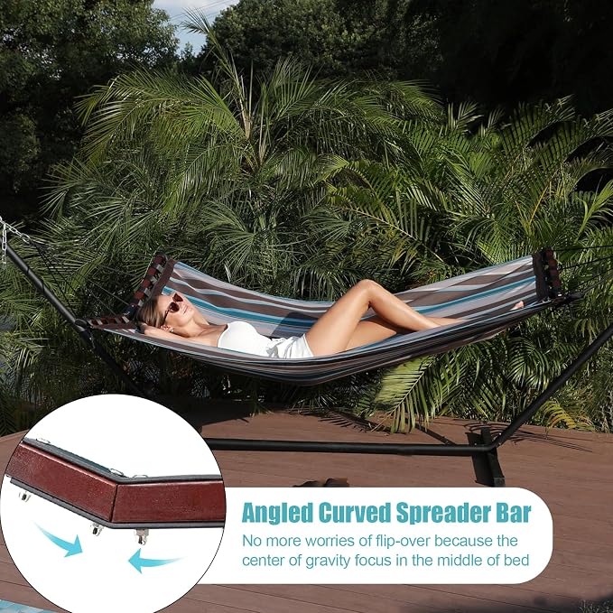 TegerDeger 12FT 2 Person Hammock Large Hammock Quick Dry 450LB Capacity with V Shaped Hardwood Spreader Bar & Nylon Rope for Outside, Patio, Garden, Backyard, Beach, Poolside - Brown Stripes - Image 3
