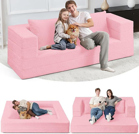 Futon Sofa Bed with Pillow, 3-in-1 Sleeper Sofa Bed with Removable Cover, Convertible Floor Sofa Bed, No Assembly Boneless Couch for Living Room, Bedroom