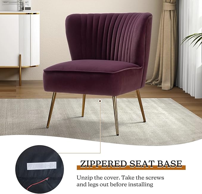 HULALA HOME Velvet Accent Chair, Modern Upholstered Cute Side Chair with Gold Metal Legs, Armless Wingback Slipper Chair Comfy Living Room Chair for Bedroom Guest Room Vanity, Purple