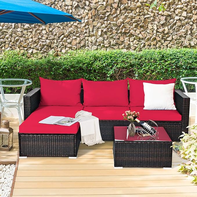 Tangkula 5 Piece Outdoor Patio Furniture Set, Sturdy Frame and Weight Capacity Up to 360 Pounds, Wicker Sectional Sofa Set with Glass Top Coffee Table, Porch Garden Poolside Furniture for 4 (Red)