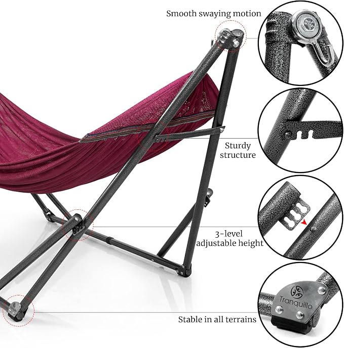 Tranquillo Universal Double Hammock with Stand Included for 2 Persons/Foldable Hammock Stand 600 lbs Capacity Portable Case - Inhouse, Outdoor, Camping, Red - Image 8