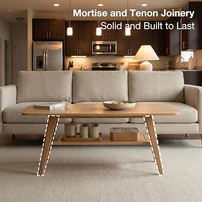Mid Century Modern Coffee Table: 100% Solid Wood Coffee Table - 2-Tier Storage Design - Practical Coffee Tables for Living Room, Apartment, Easy Assembly (Natural, 39.37")