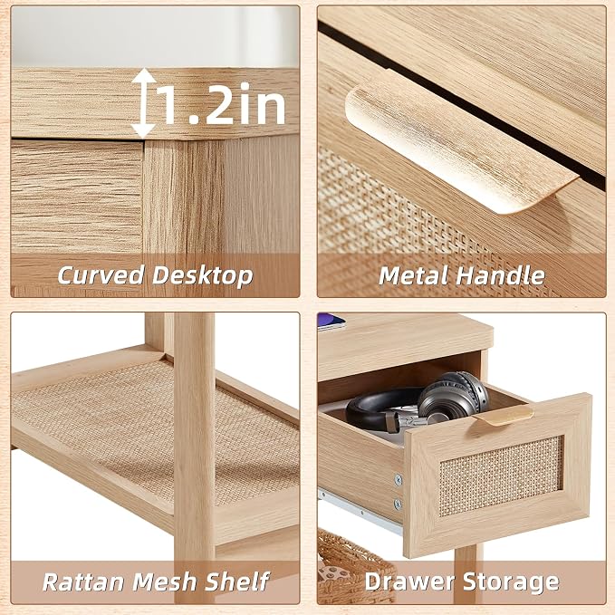 Lerliuo Rattan Night Stand Set of 2, Narrow Nightstand with Charger Station, Boho Bed Side End Table with Drawer Rattan Shelf for Small Spaces, Natural Wood Bedside Tables for Living Room Bedroom - Image 8