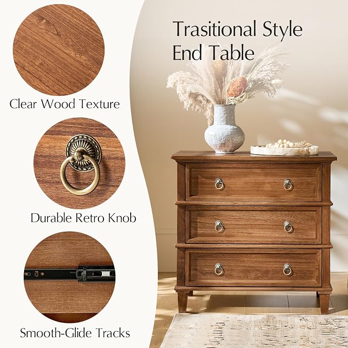 HULALA HOME Farmhouse End Tables Set of 2 with 3 Drawers, Paulownia Solid Wood Side Table with Vintage Knobs, Ancient End Table with Charging Station, Easy Assembly, Cherry - Image 6
