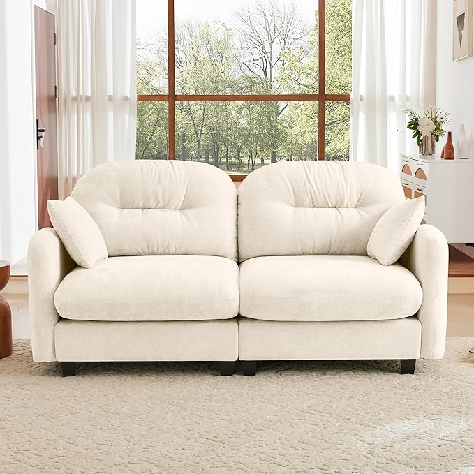 KEIKI 74" Oversized Chenille Modular Sectional Loveseat Sofa with High-Density Foam Cushions and Tufted Pleated Cushion Backrest, Upholstered 2-Seater Cloud Couch with 2 Pillow, for Living Room, Beige