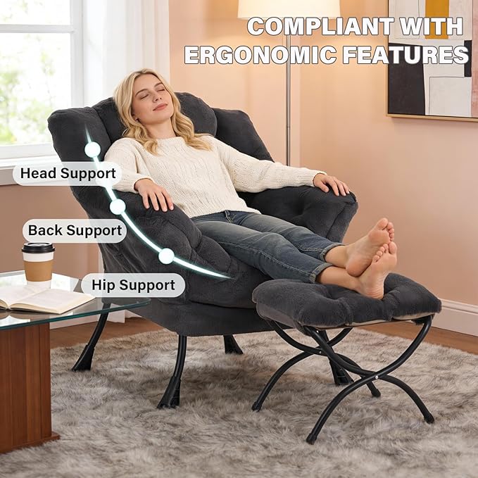 MBOOYOME Lazy Chair with Folding Ottoman, Modern Accent Lounge Armchair with Armrests and a Side Pocket & Foldable Footstool, Leisure Reading Chair for Living Room, Bedroom, Dorm & Office, Plush Navy