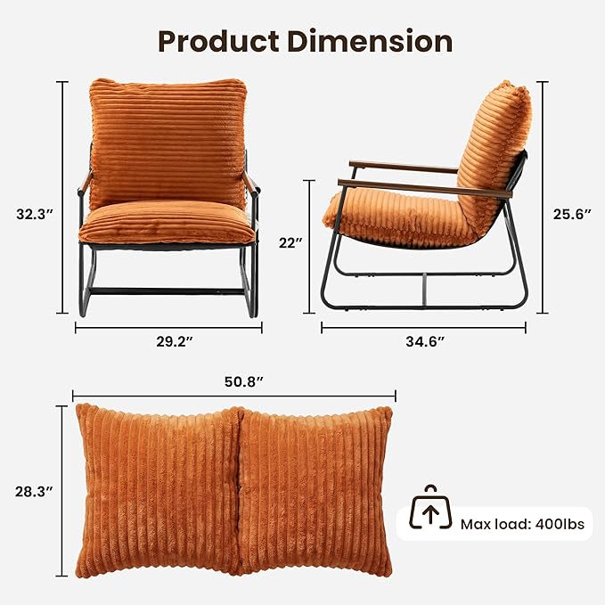 COSIEST Accent Chair for Living Room, Modern Armchair with Wood Arms, Retro Ribbed Upholstered Lounge Chair with Black Metal Frame, Comfy Reading Chair for Bedroom, Office, Brown