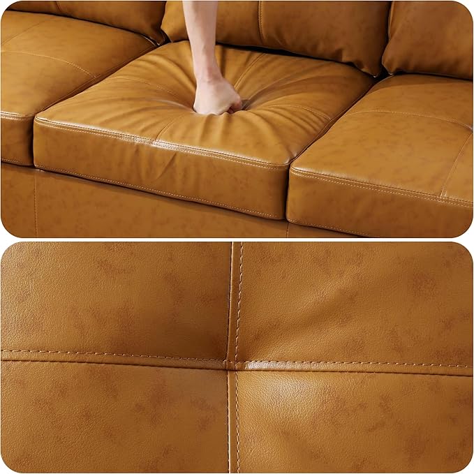 103.5 Inch Modern L-Shaped Couch, PU Leather Sectional Sofa with Chaise Lounge, 4-Seater Couch with Accent Pillows for Living Room, Apartment, Turmeric