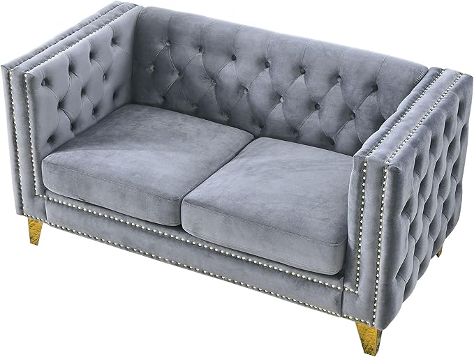 KEIKI Tufted Velvet 2 Seat Sofa Couch for Living Room, Buttons Tufted Square Arm Couch for Home Apartment, Gray