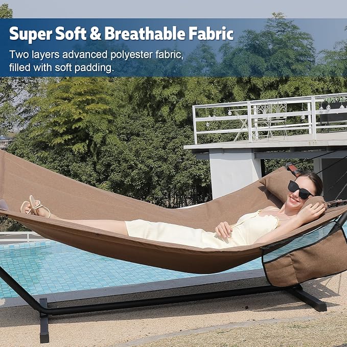 TegerDeger 12FT 2 Person Hammock Large Hammock 450LB Capacity with V Shaped Hardwood Spreader Bar & Nylon Rope for Outside, Patio, Garden, Backyard, Beach, Poolside - Brown - Image 2