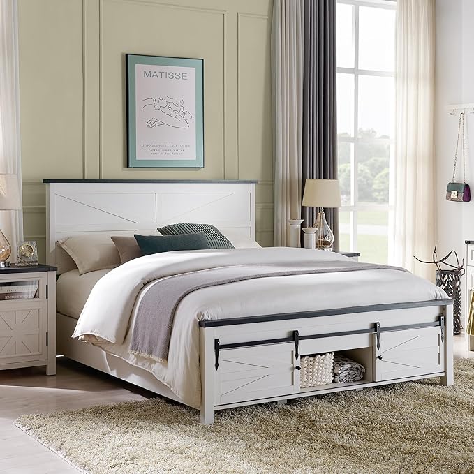 JXQTLINGMU 3 Pieces Farmhouse Bedroom Set-King Size Bed with 2 Nightstands of Sliding Barn Door Storage Cabinets, Solid Wood Slats Support, Noiseless, No Box Spring Needed, Off White