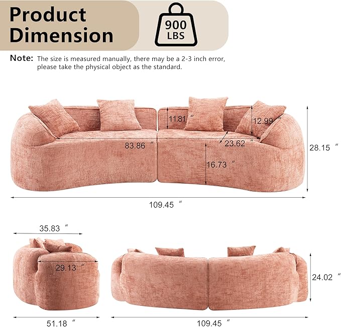 109-Inch Curved Boneless Sofa Couches Compressed 4-Seat Foam Couch for Living Room Bedroom, Boneless Modular Cloud Sofa Curved Floor Couch with 4 Pillows, No Assembly