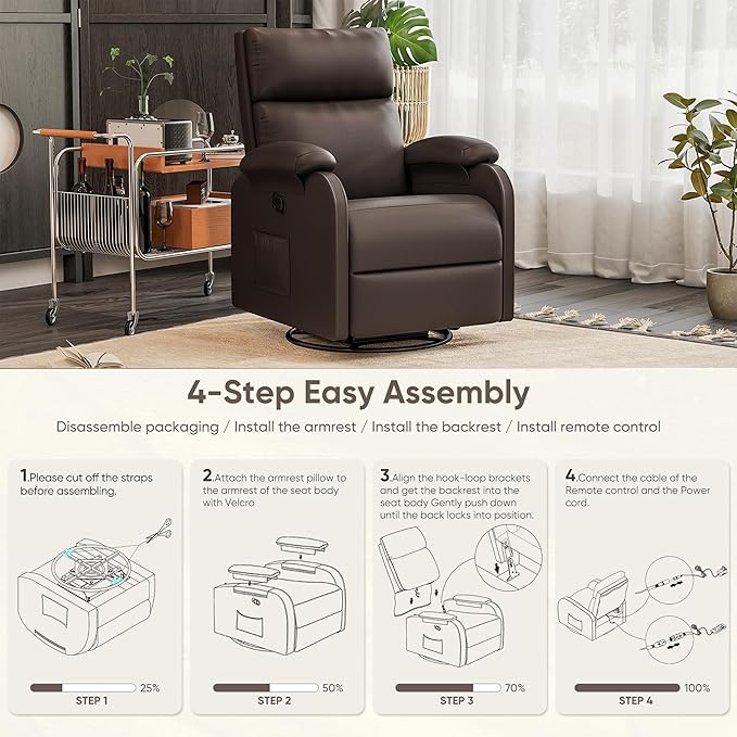 Homall Recliner Chair, 360 Swivel Rocking Chair for Adults, Massage Nursery Chair with Adjustable Backrest and Footrest, PU Leather Glider Rocker Recliners with Side Pocket for Living Room (Brown)