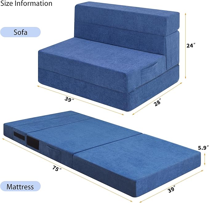 Folding Sofa Bed Chair with Pillow,Convertible Fold Out Chair Bed Sleeper,Foam Floor Mattress, Foldable Futon Couch Bed for Living Room/Dorm/Guest/Office (Blue, Twin)