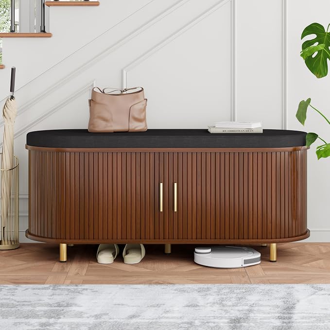 DHH 2-Tier Storage Bench,Wide Shoe Bench with Thickened Padded Seat Cushion, Mid Century Modern Fluted Sliding Door and Adjustable Shelf, for Entryway, Living Room, Bedroom (Walnut, 43.3“) by DHHFurnitureBuyNow