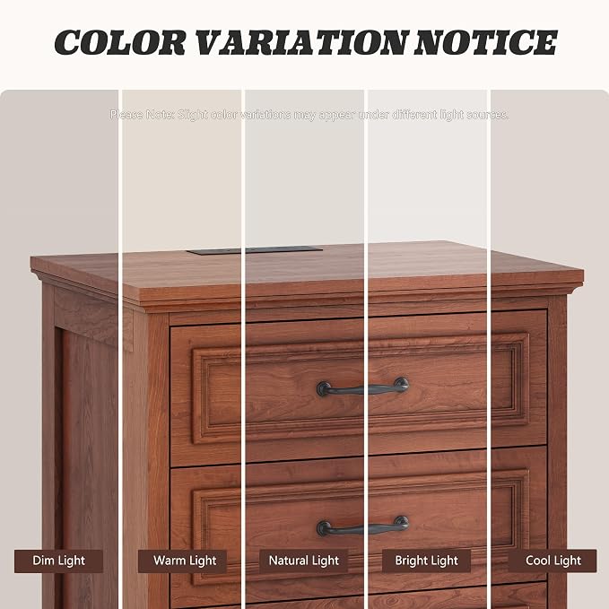 Farmhouse Nightstand Set of 2, Wood Night Stand with 3 Drawers and Charging Station Modern Bedside Table for Bedroom End Side Table Storage Cabinet Small 6 Drawers Dresser (2, Cherry Brown) - Image 6