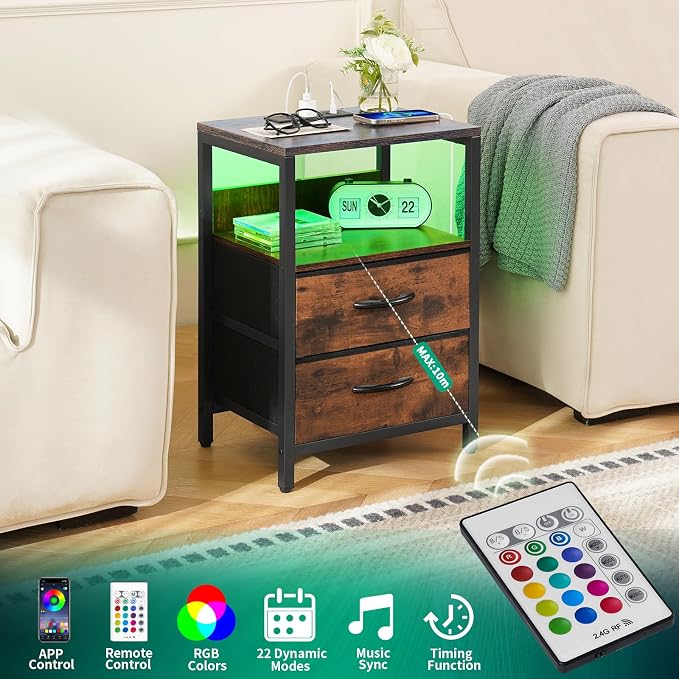Yoobure Nightstand with Charging Station, LED Night Stand with Fabric Drawers and Storage Shelf for Bedroom, Nightstands Bedside Tables with USB Ports & Outlets, Small Night Stands, Bed Side Table - Image 5