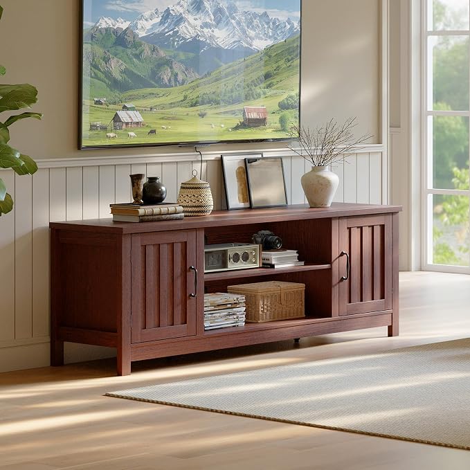 ChooChoo 54" Farmhouse TV Stand for TVs up to 65 inches, Entertainment Center with Storage Cabinets, Open Shelves and Fluted Door, TV Console Table for Living Room, Bedroom, Walnut by ChooChoo