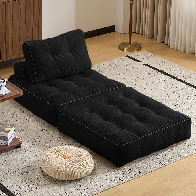 Folding Sofa Bed,Convertible Sleeper Chair for Adults, Folding Sofa Bed Foam Filling Couch with Pillow，Sleeper Chairs Single Size Floor Mattress,Black