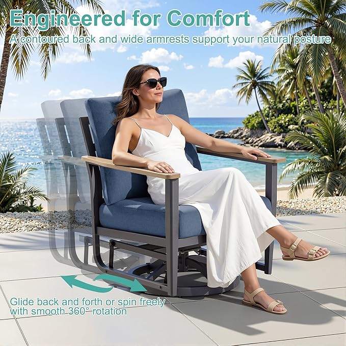 6-Piece Aluminum Patio Rocking Swivel Chair Outdoor Bistro Set, Patio Conversation Set Outdoor Patio Furniture Set with High Backrest & Thickened Cushions for Garden, Deck and Balcony, Navy Blue