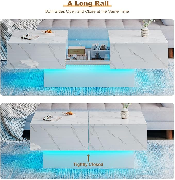 White Marble LED Coffee Table with Storage for Living Room, Living Room Table Rectangular Center Table, Modern High Glossy Wooden Coffee Tables for Dining Reception Room